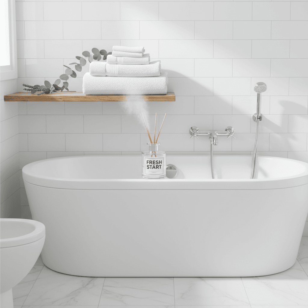 Sparkling clean white bathroom with neatly folded towels