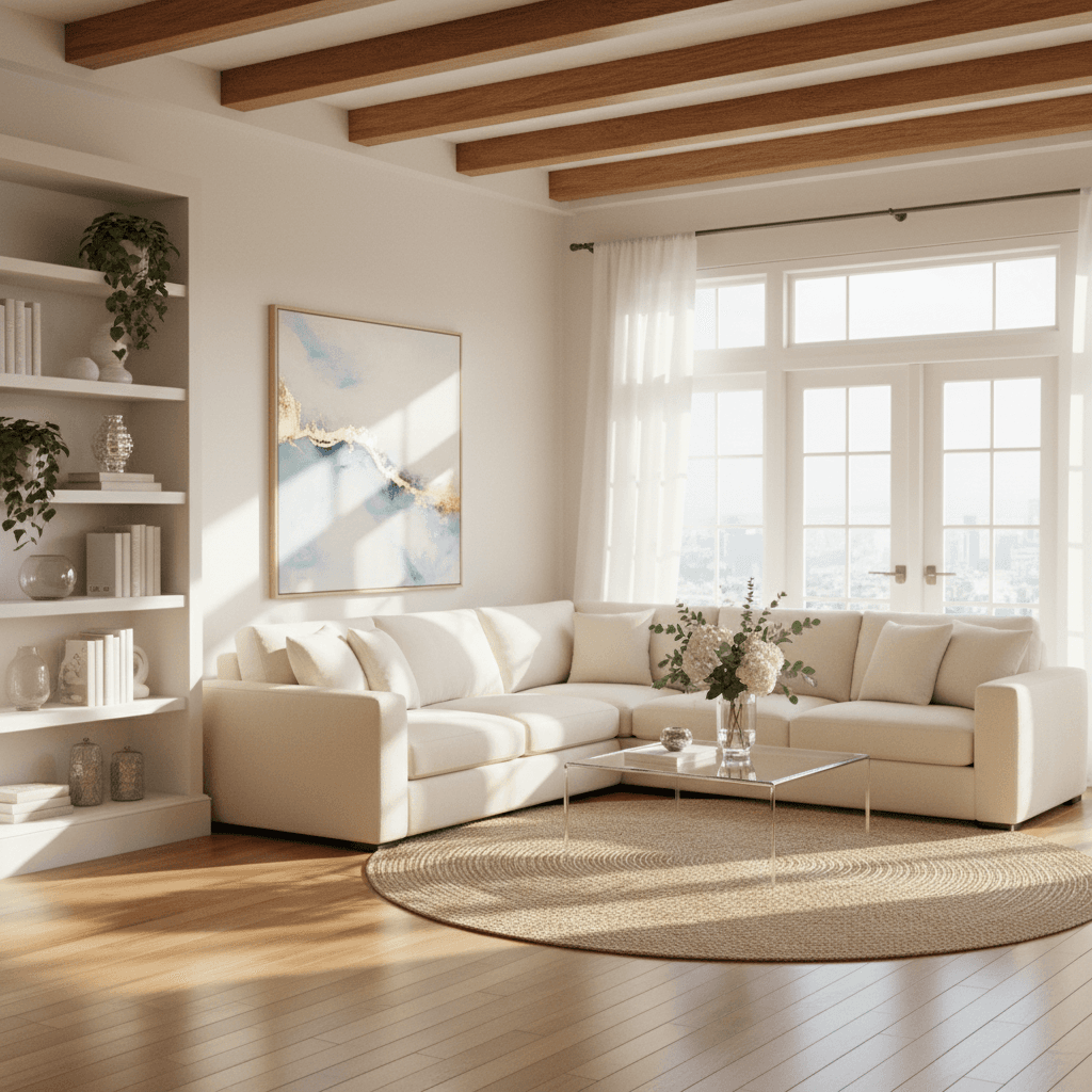 Bright living room after a professional cleaning with sunlight streaming through windows