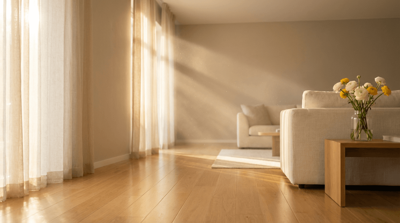 Bright living room with gleaming hardwood floors and fresh flowers
